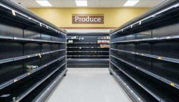 Empty grocery store produce shelves due to supply chain delays”